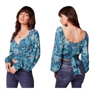 Band of the Free Sybille Teal Long Sleeve Floral Wrap Crossover Crop Top New S